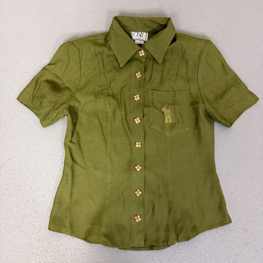Vintage DJI Women’s Size 6 Olive Green Rayon Acetate Button Blouse USA